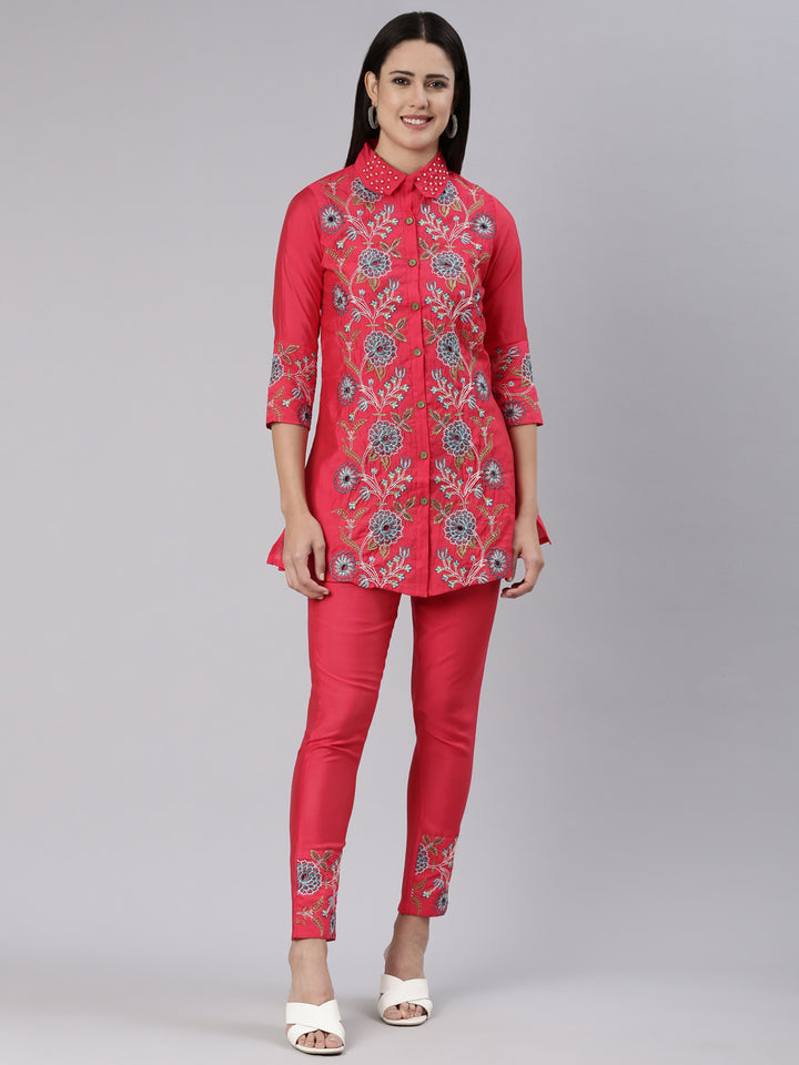 Neerus Pink Regular Straight Embroidered Co-Ords set