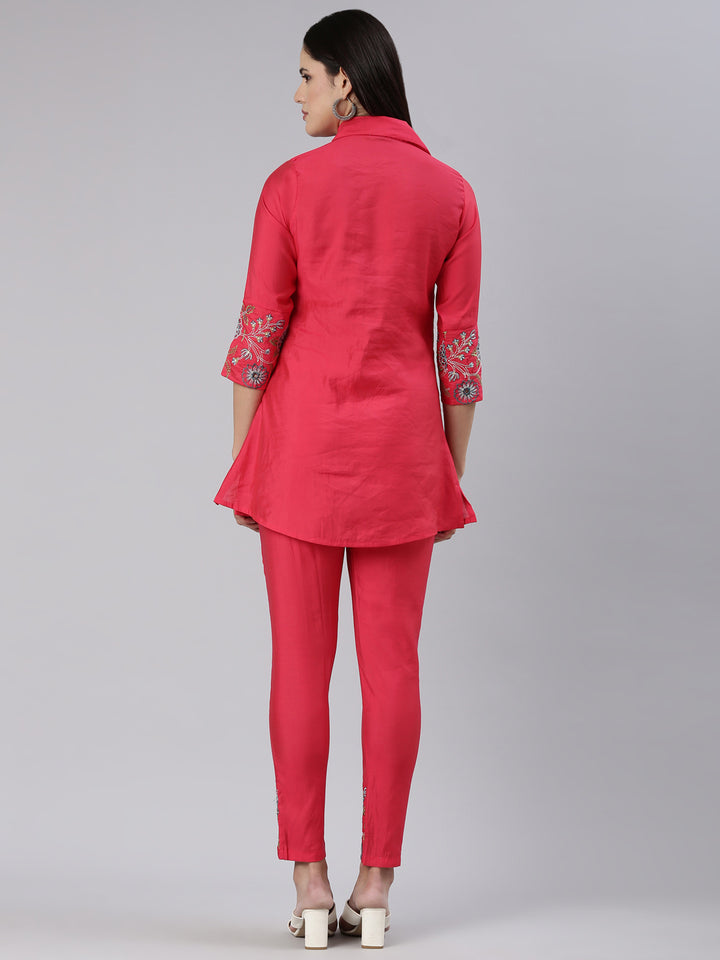 Neerus Pink Regular Straight Embroidered Co-Ords set