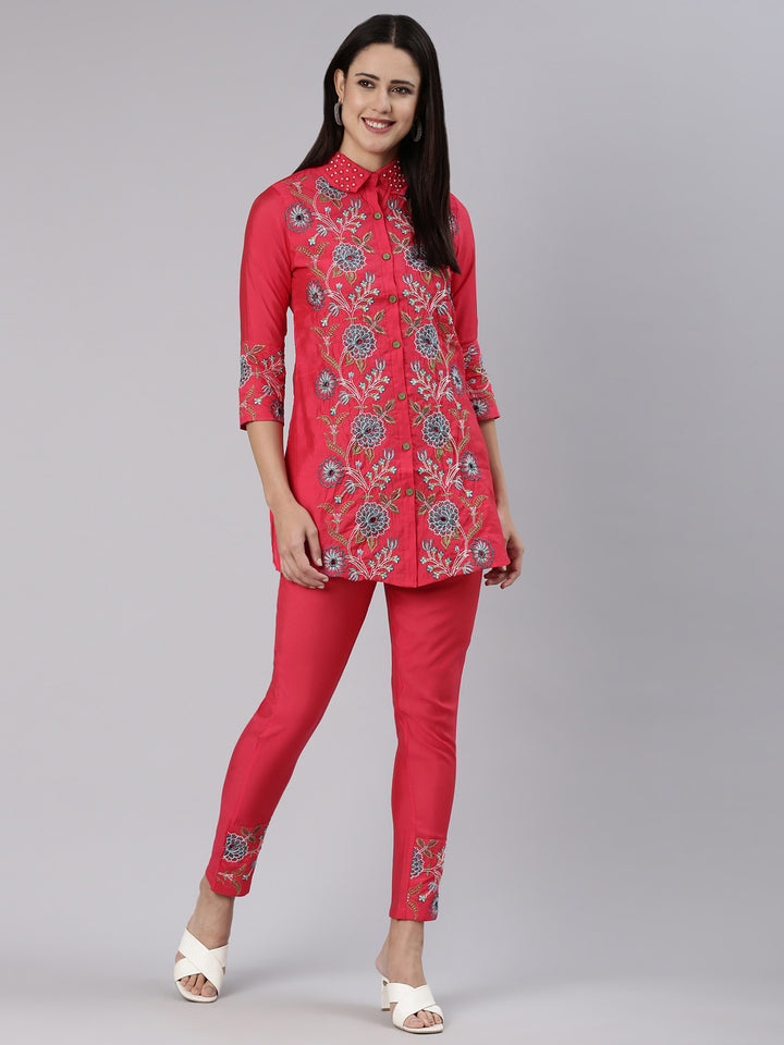 Neerus Pink Regular Straight Embroidered Co-Ords set