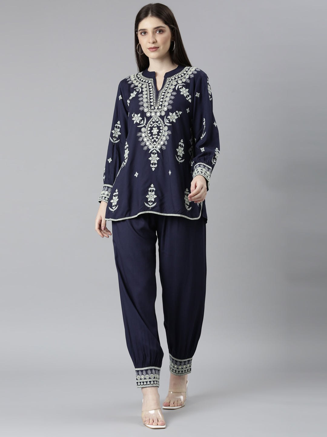 Neerus Blue solid straight co-ord set top and trousers - front view