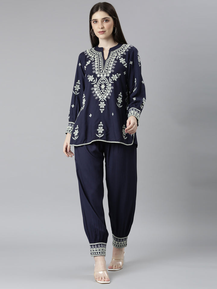 Neerus Blue solid straight co-ord set top and trousers - front view