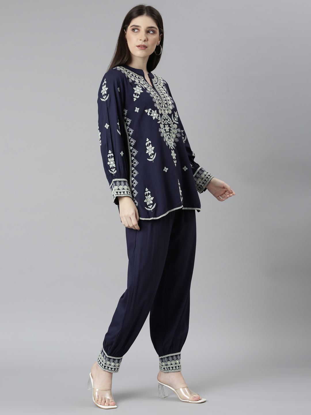 Neerus Blue solid straight co-ord set top and trousers - back view