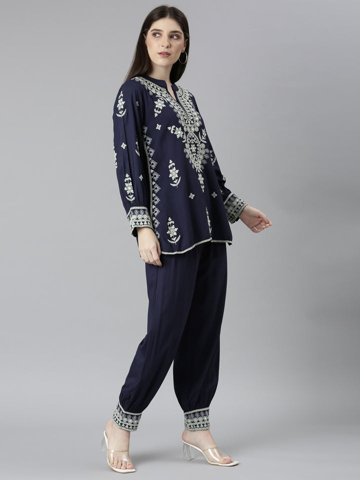 Neerus Blue solid straight co-ord set top and trousers - back view