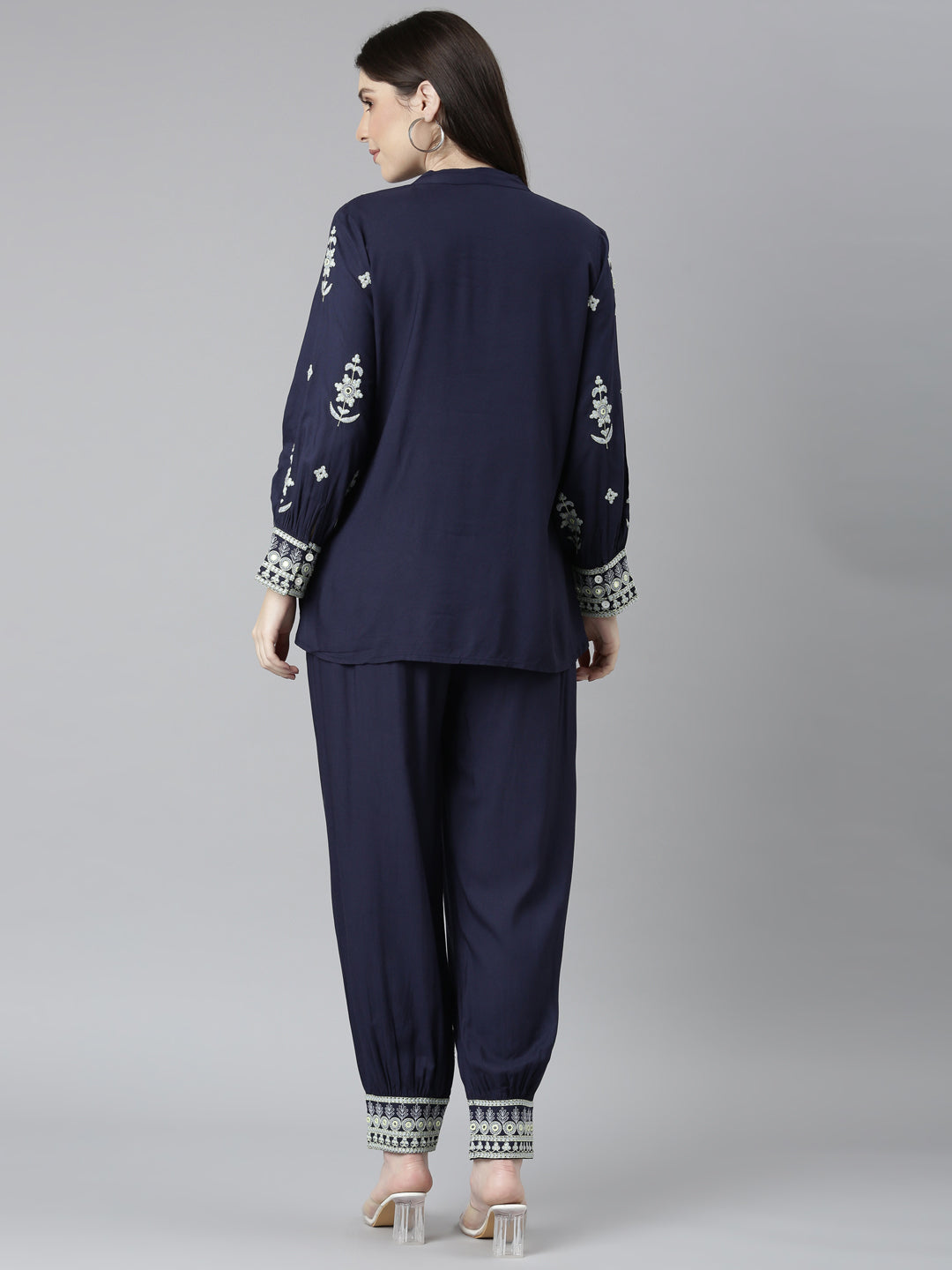 Neerus Blue solid straight co-ord set top and trousers - side view