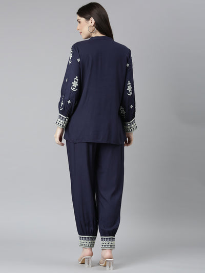 Neeru's Navy Blue Regular Straight Solid Top And Trousers
