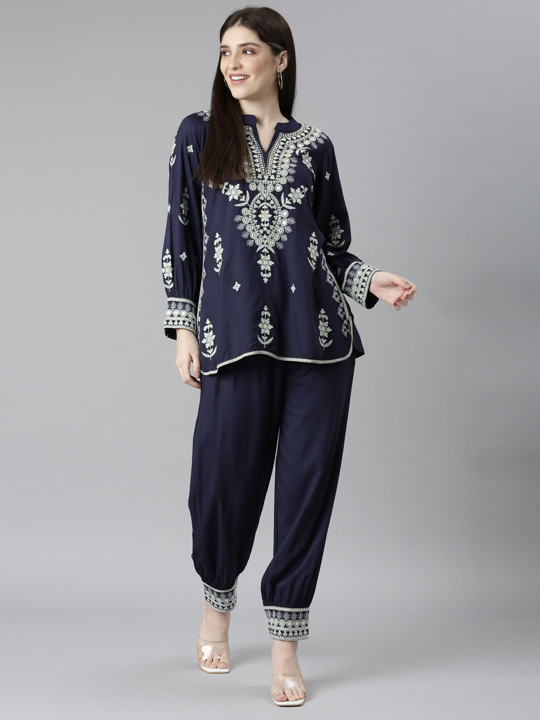 Neerus Blue solid straight co-ord set top and trousers - detail view 2