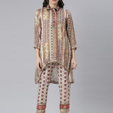 Neerus Beige Regular Straight Floral Kurta And Trousers With Jacket