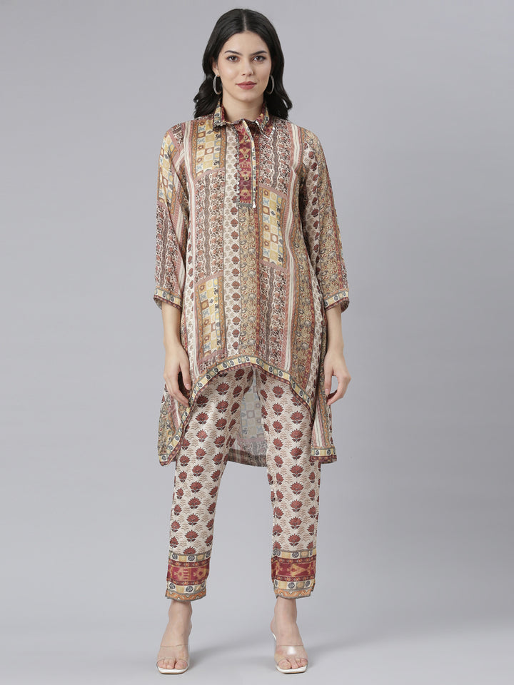 Neerus Beige Regular Straight Floral Kurta And Trousers With Jacket