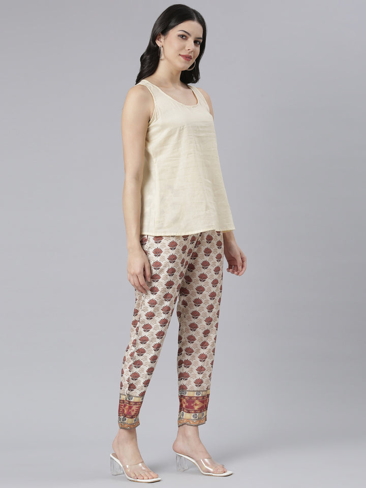 Neerus Beige Regular Straight Floral Kurta And Trousers With Jacket