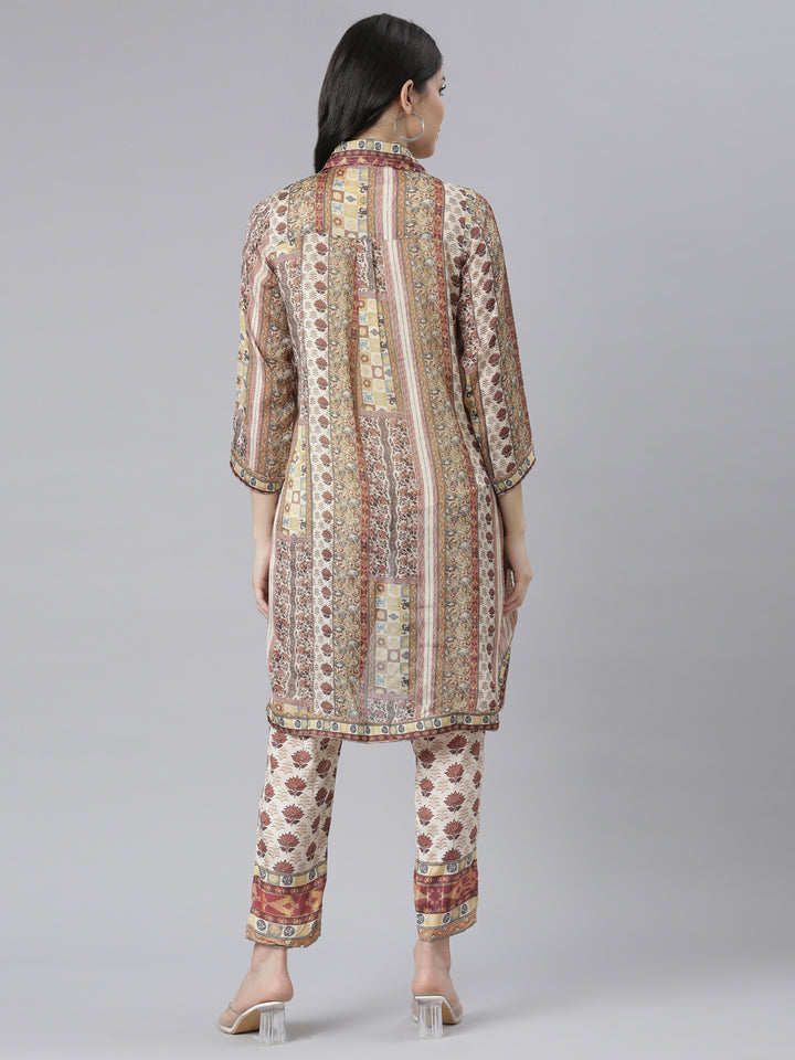 Neerus Beige Regular Straight Floral Kurta And Trousers With Jacket