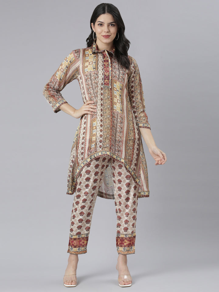 Neerus Beige Regular Straight Floral Kurta And Trousers With Jacket