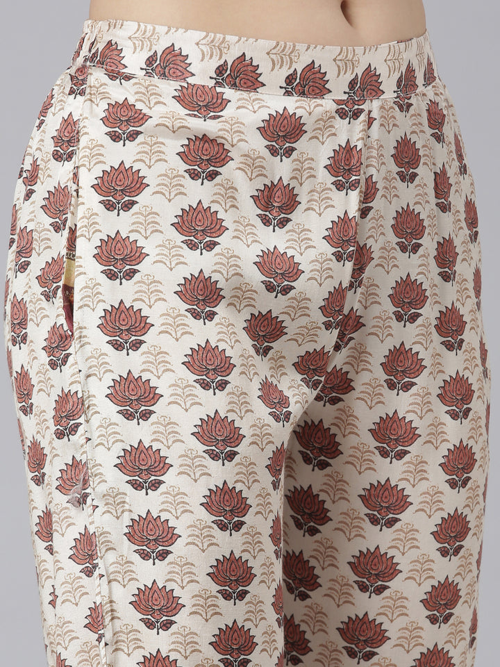 Neerus Beige Regular Straight Floral Kurta And Trousers With Jacket
