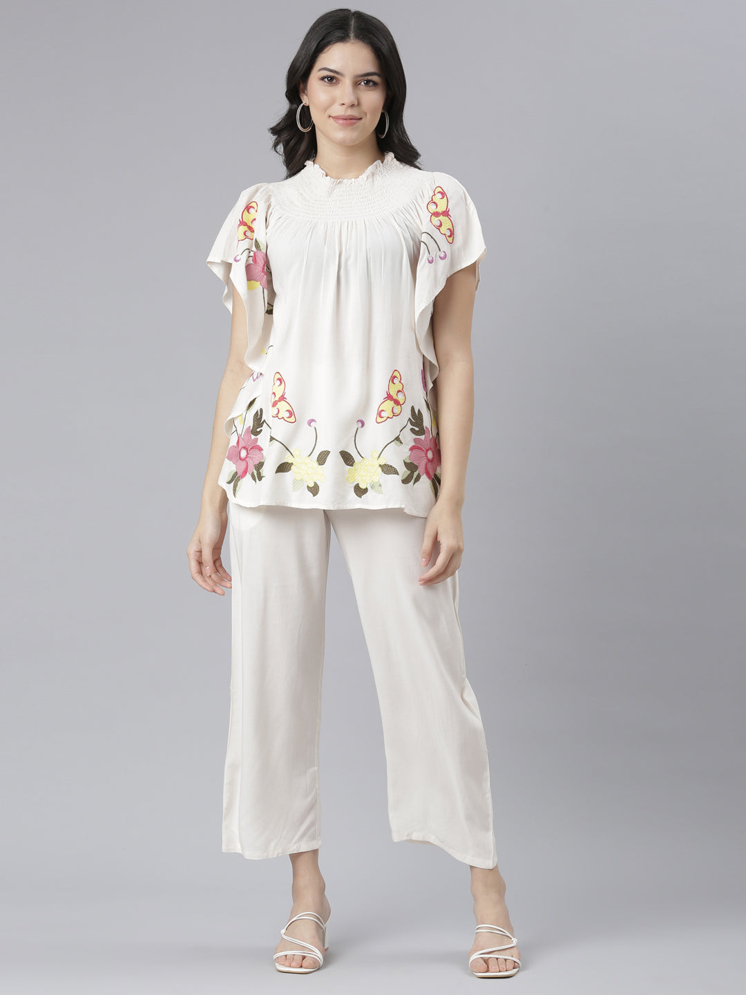 Neerus Beige floral printed co-ord set top and trouser - front view