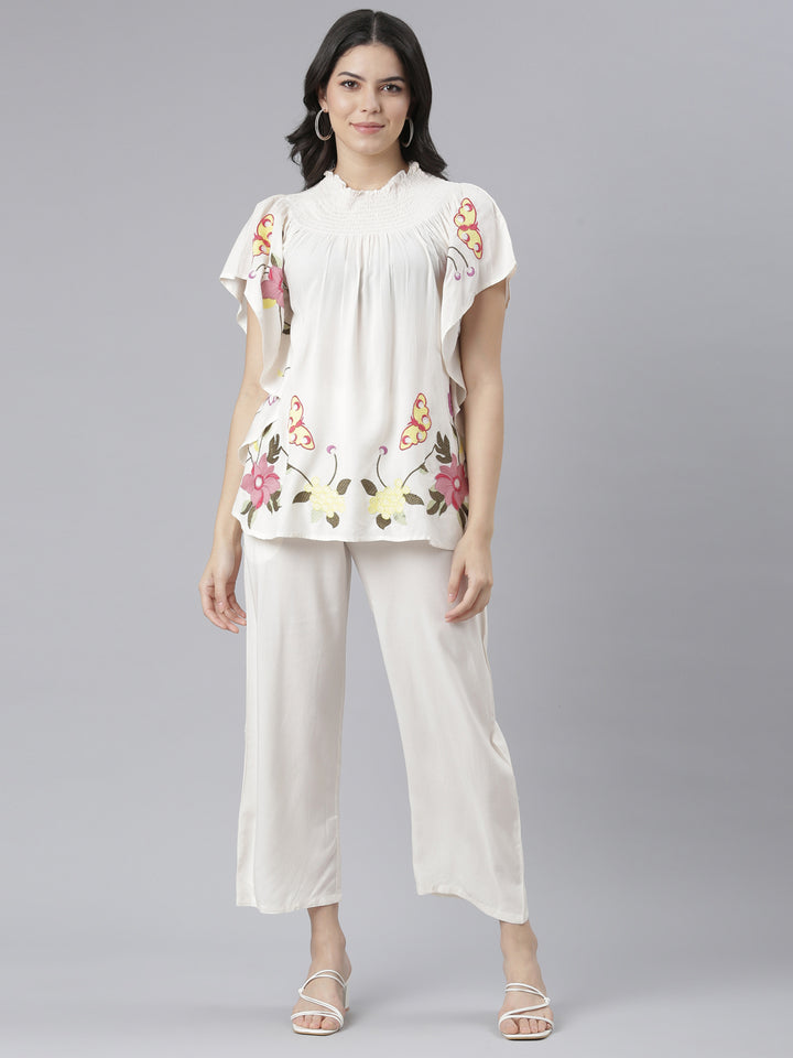 Neerus Beige floral printed co-ord set top and trouser - front view