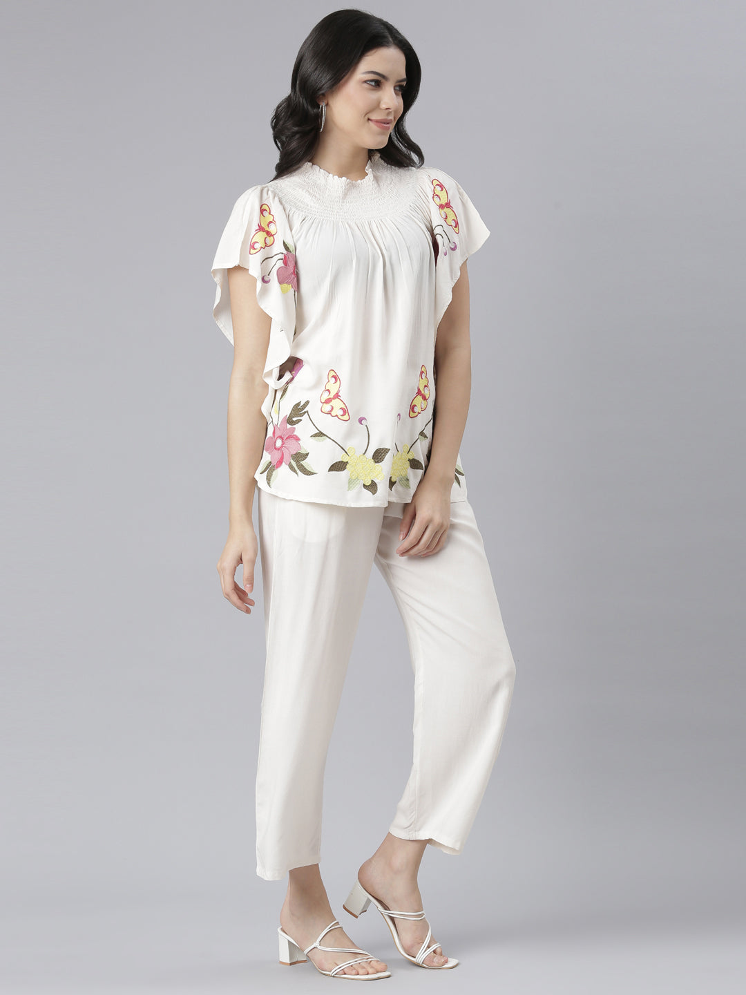 Neerus Beige floral printed co-ord set top and trouser - back view