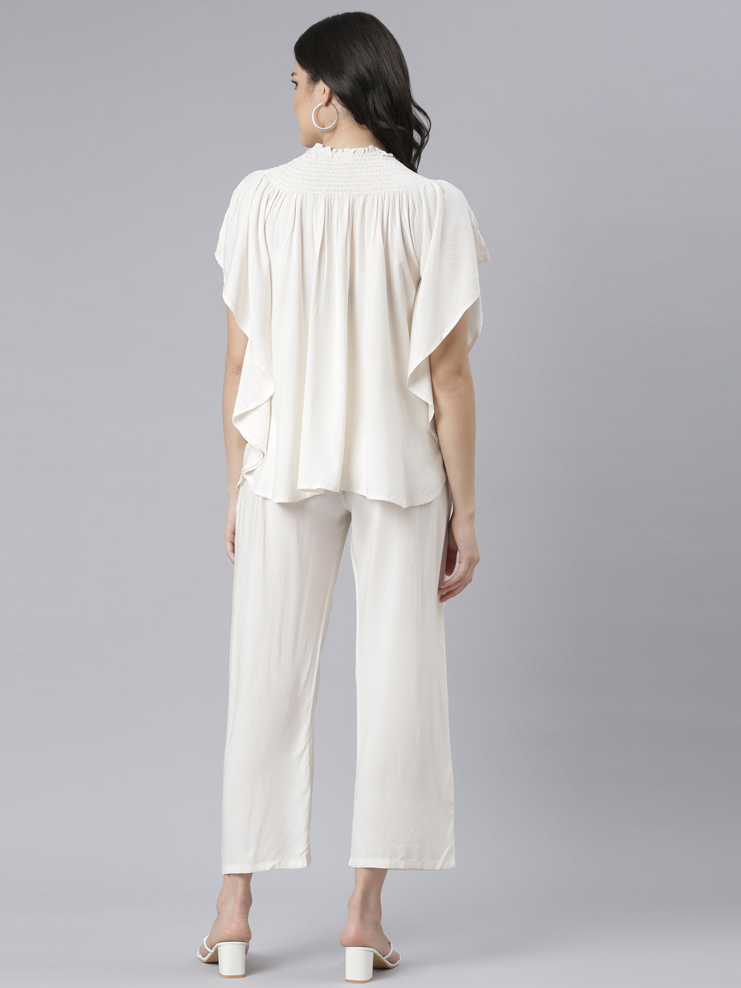 Neerus Beige floral printed co-ord set top and trouser - side view