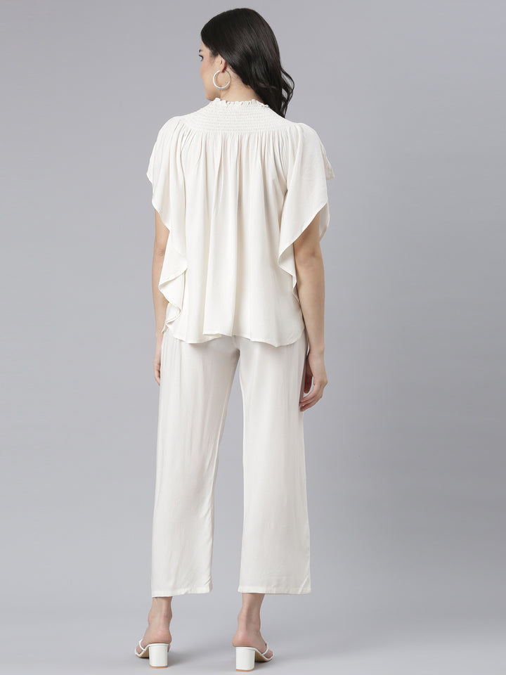 Neerus Beige floral printed co-ord set top and trouser - side view