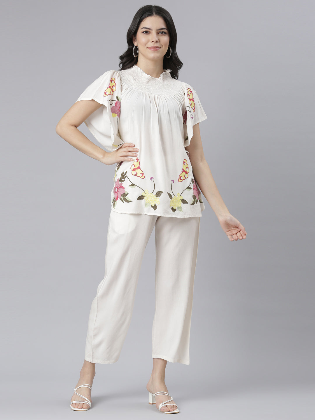 Neerus Beige floral printed co-ord set top and trouser - detail view 2