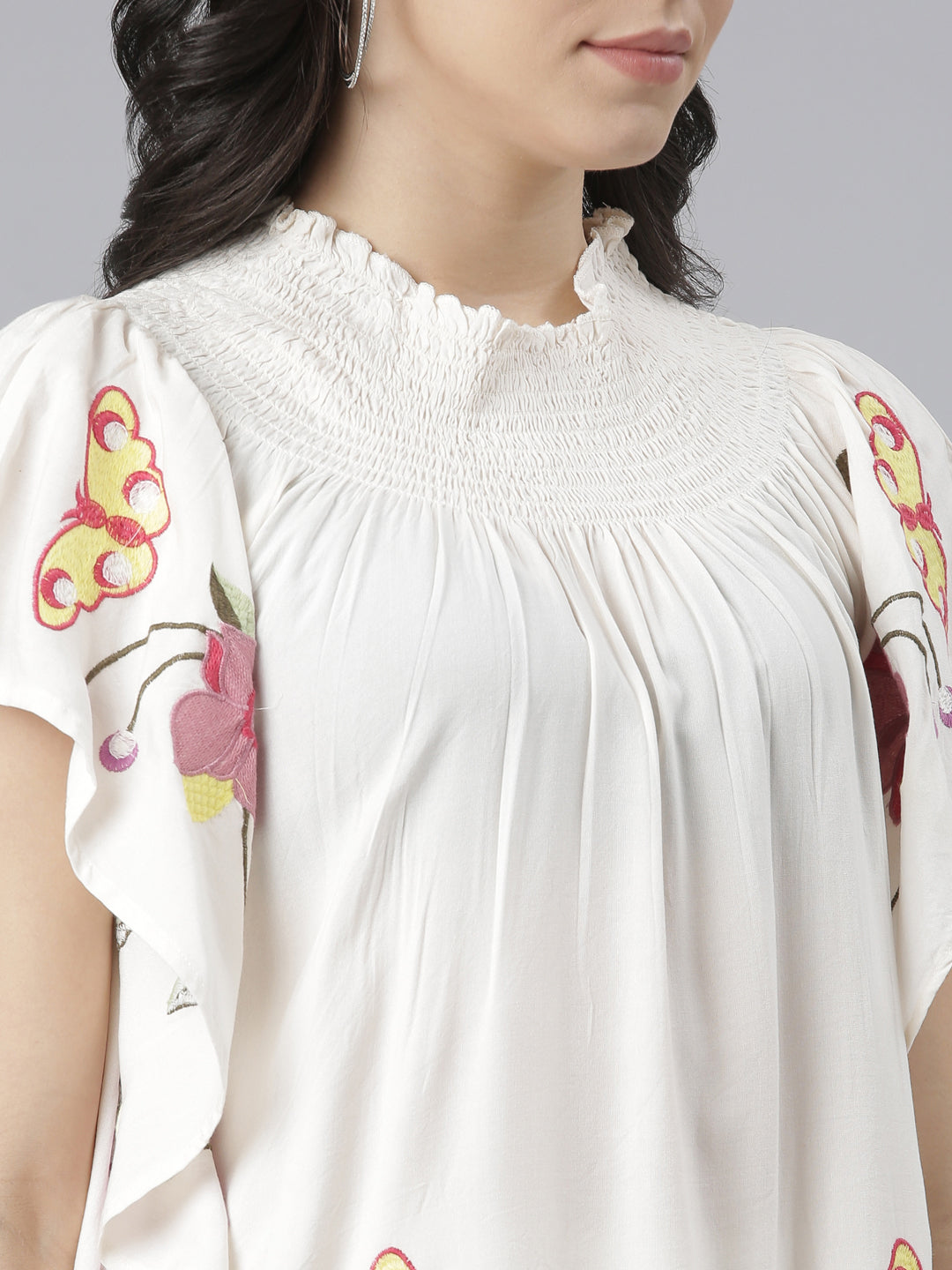 Neerus Beige floral printed co-ord set top and trouser - detail view 1