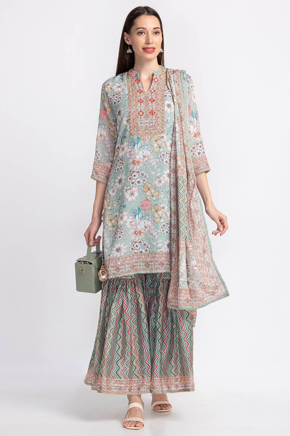 Neerus Floral embroidered pleated sequinned sharara set - detail view 2
