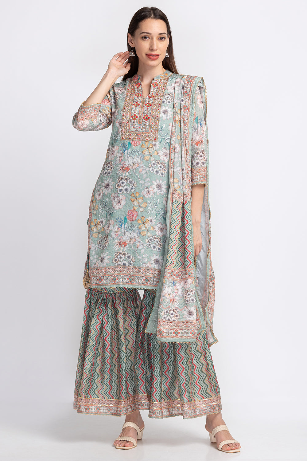 Neerus Floral embroidered pleated sequinned sharara set - front view