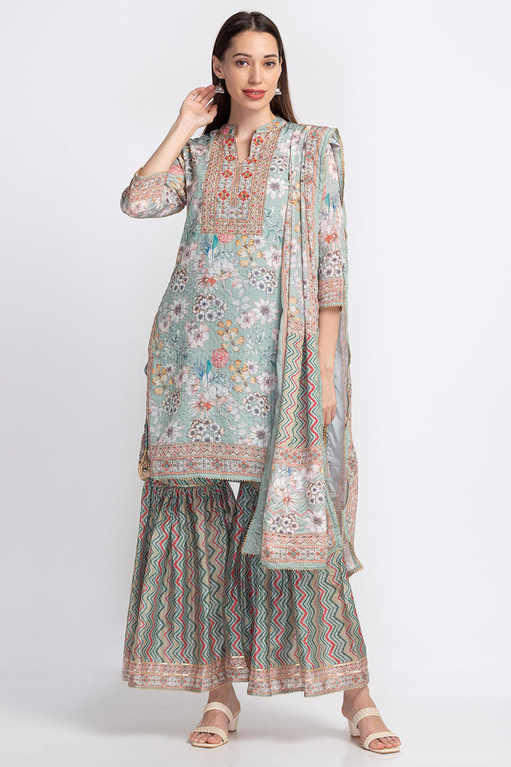 Neerus Floral embroidered pleated sequinned sharara set - front view