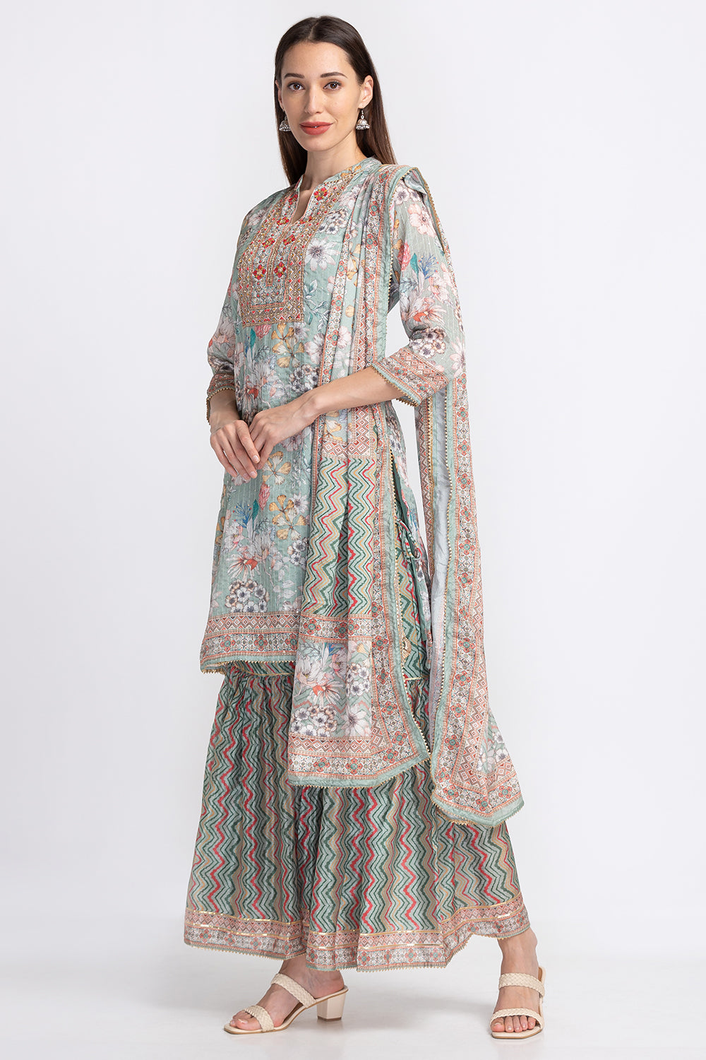 Neerus Floral embroidered pleated sequinned sharara set - back view