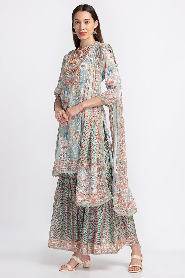 Neerus Floral embroidered pleated sequinned sharara set - back view