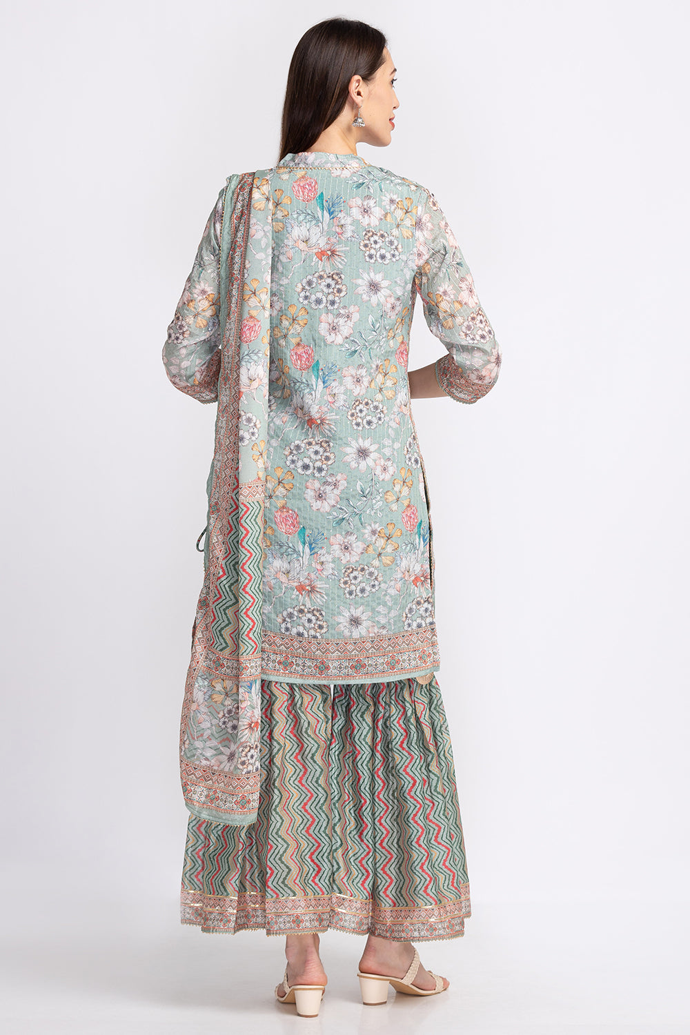 Neerus Floral embroidered pleated sequinned sharara set - side view