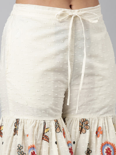 Neerus Cream Regular Straight Embroidered Kurta And Sharara With Dupatta