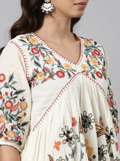 Neerus Cream Regular Straight Embroidered Kurta And Sharara With Dupatta