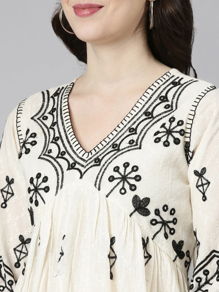 Neerus Cream Regular Straight Embroidered Kurta And Sharara With Dupatta