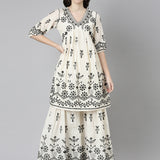 Neerus Cream Regular Straight Embroidered Kurta And Sharara With Dupatta