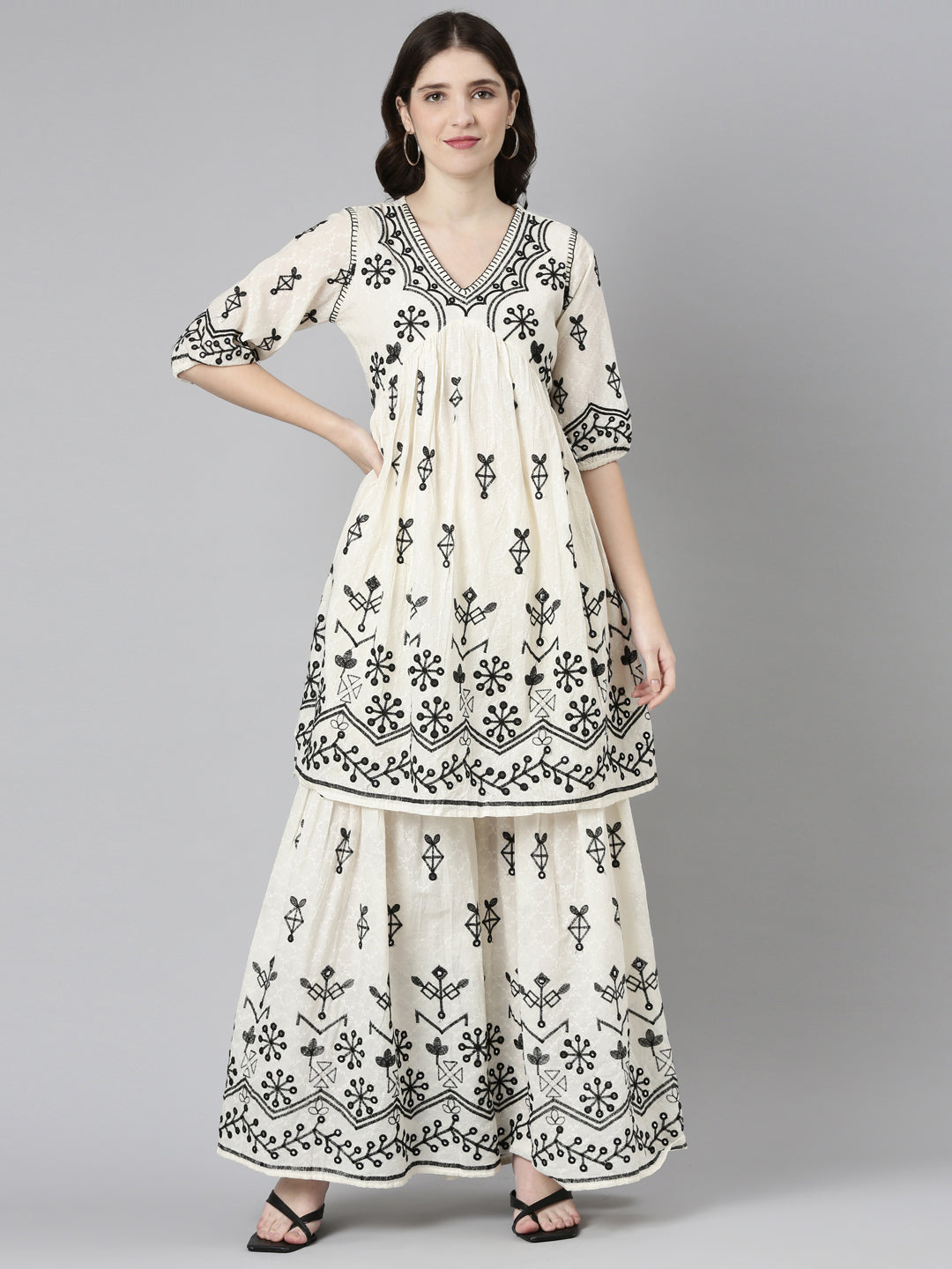 Neeru's Cream Regular Straight Embroidered Kurta And Sharara With Dupatta