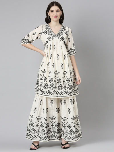 Neeru's Cream Regular Straight Embroidered Kurta And Sharara With Dupatta