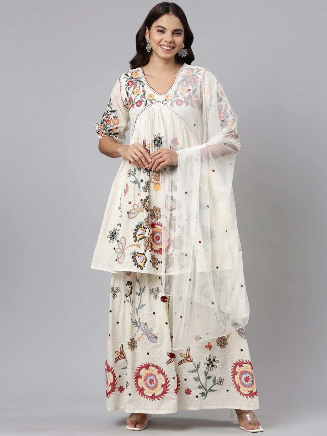 Neerus Cream Regular Straight Embroidered Kurta And Sharara With Dupatta