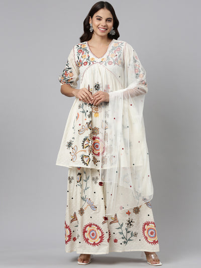 Neerus Cream Regular Straight Embroidered Kurta And Sharara With Dupatta