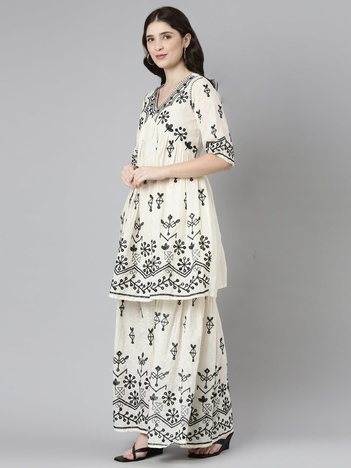 Neerus Cream Regular Straight Embroidered Kurta And Sharara With Dupatta