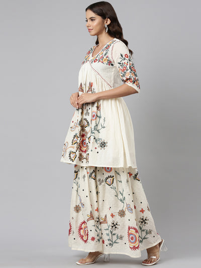 Neerus Cream Regular Straight Embroidered Kurta And Sharara With Dupatta