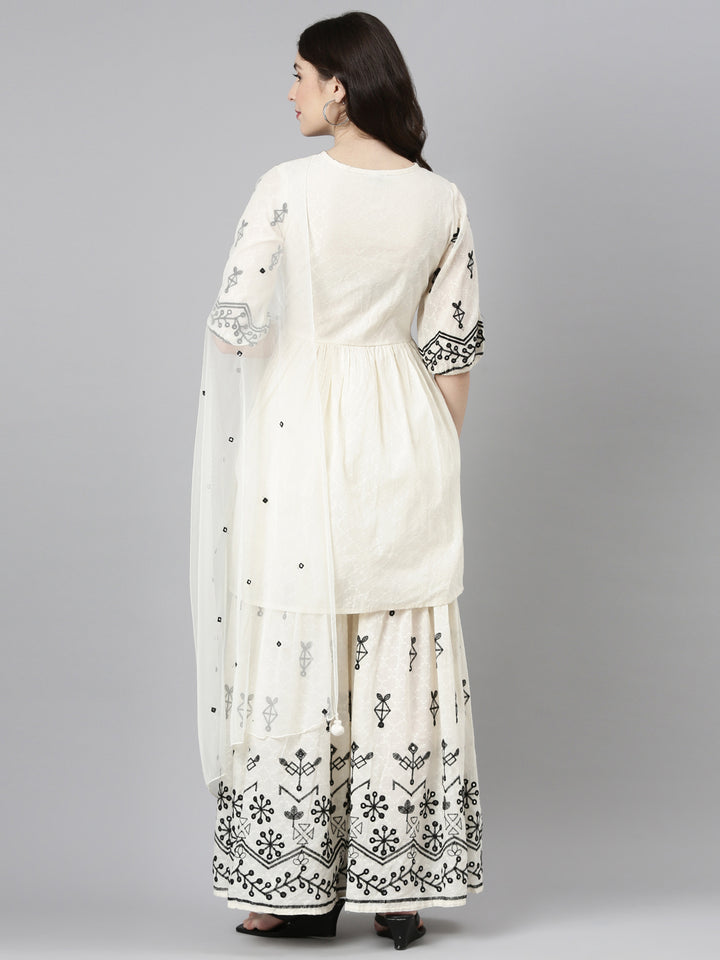 Neerus Cream Regular Straight Embroidered Kurta And Sharara With Dupatta