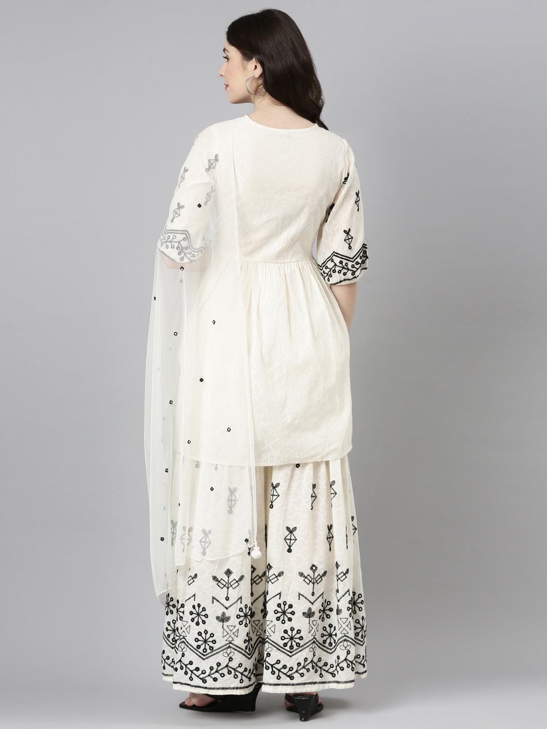 Neeru's Cream Regular Straight Embroidered Kurta And Sharara With Dupatta