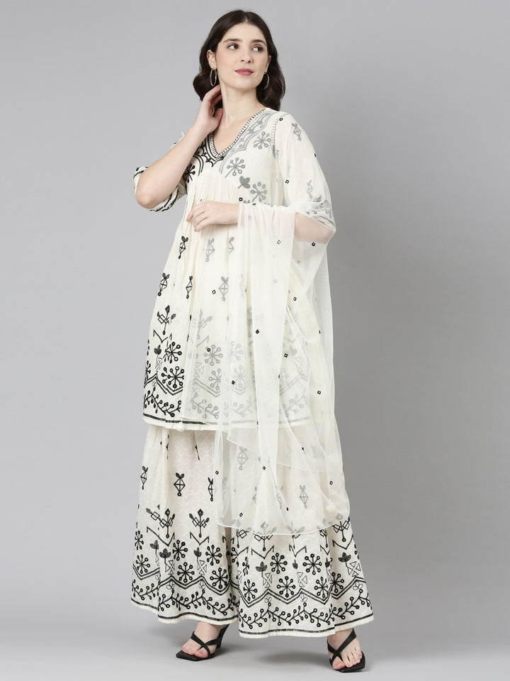 Neerus Cream Regular Straight Embroidered Kurta And Sharara With Dupatta