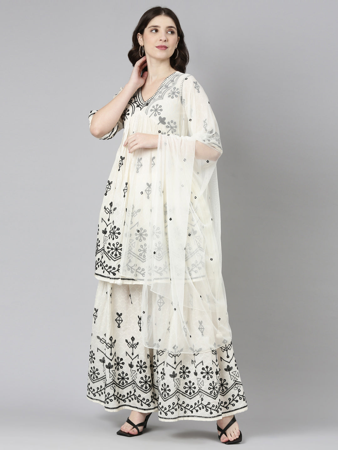 Neeru's Cream Regular Straight Embroidered Kurta And Sharara With Dupatta