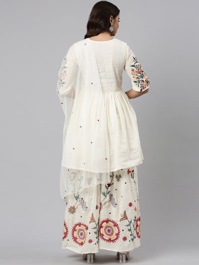 Neerus Cream Regular Straight Embroidered Kurta And Sharara With Dupatta