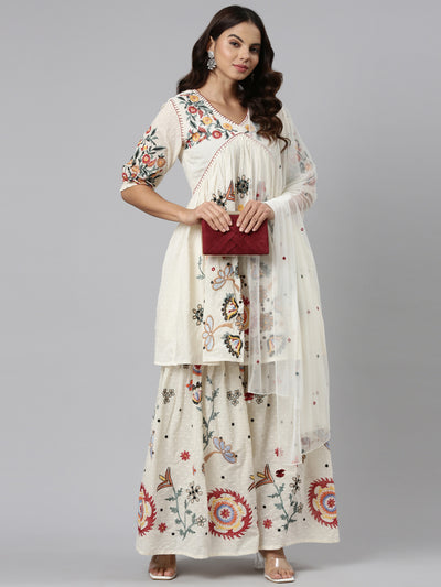 Neerus Cream Regular Straight Embroidered Kurta And Sharara With Dupatta