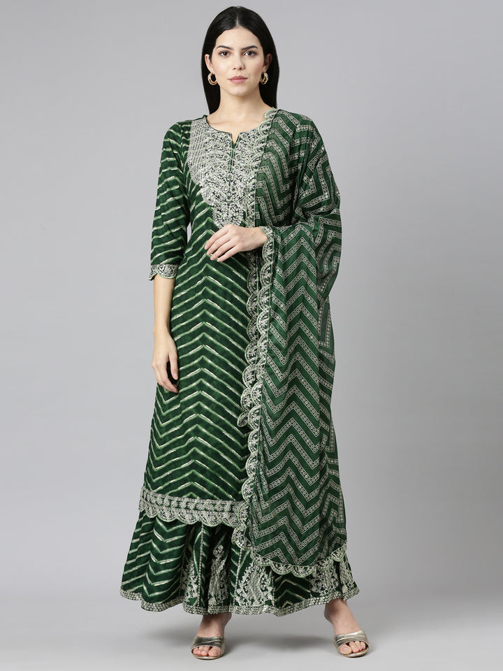 Neerus Green Regular Straight Printed Kurta And Sharara With Dupatta