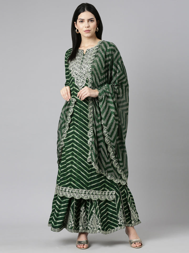 Neerus Green Regular Straight Printed Kurta And Sharara With Dupatta