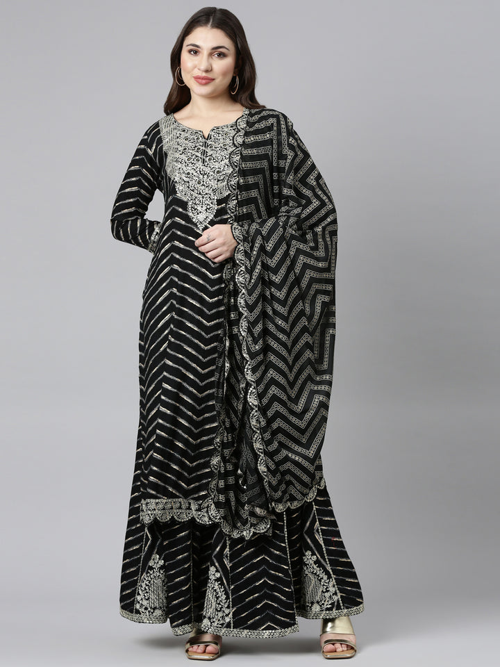 Neerus Black printed straight sharara set with dupatta - front view