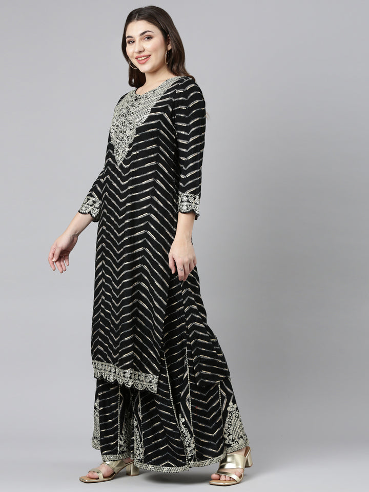 Neerus Black printed straight sharara set with dupatta - back view