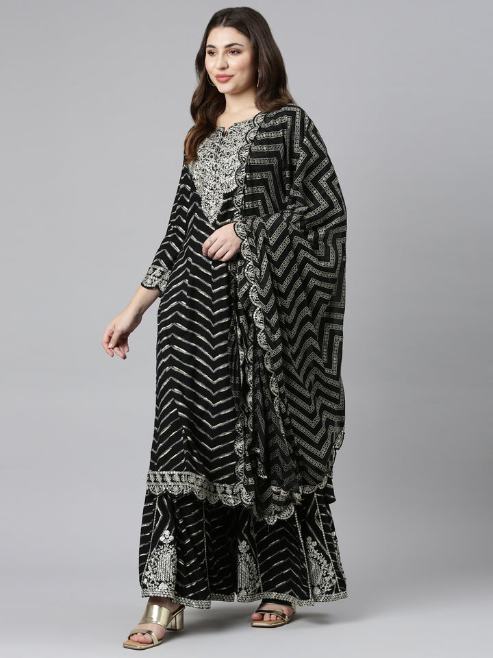 Neerus Black printed straight sharara set with dupatta - detail view 2
